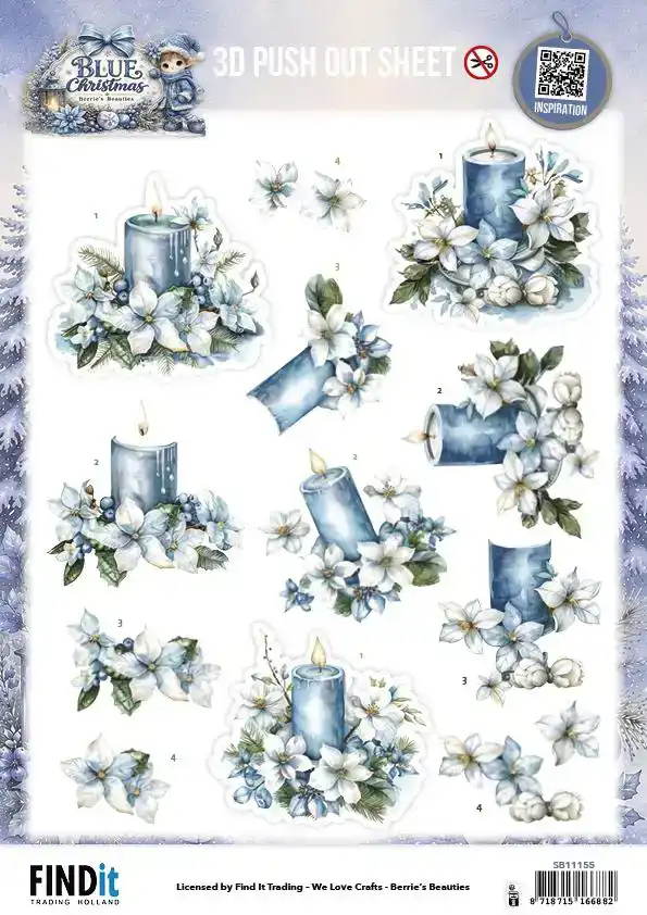 3D Pushout Sheet Berries Beauties Blue Christmas Blue Candles and White Poinsettia