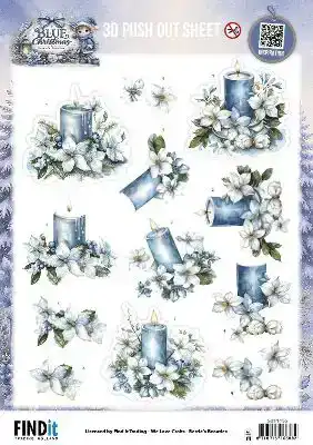3D Pushout Sheet Berries Beauties Blue Christmas Blue Candles and White Poinsettia