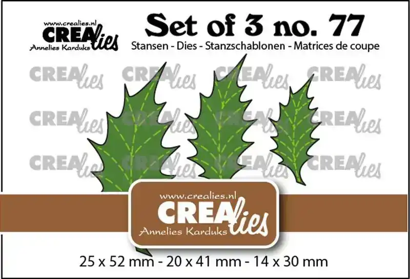 Crealies Set of 3 no. 77, Blaadjes 22 Dichte Hulstblaadjes met stiklijn