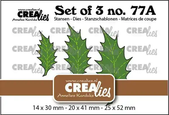Crealies Set of 3 no. 77a, Blaadjes 22 Dichte Hulstblaadjes met stiklijn (spiegelbeeld)