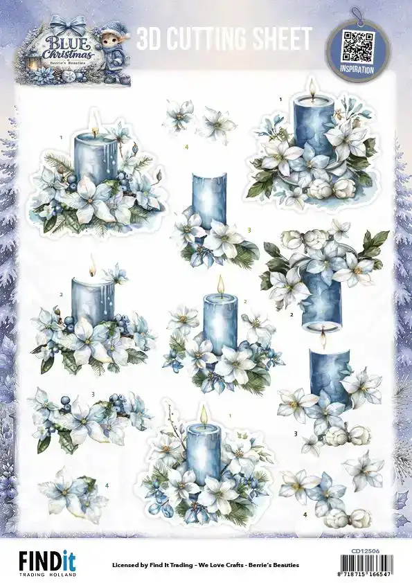 3D Cutting Sheet Berries Beauties Blue Christmas Blue Candles and White Poinsettia/ Christmas Presen