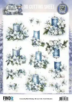 3D Cutting Sheet Berries Beauties Blue Christmas Blue Candles and White Poinsettia/ Christmas Presen