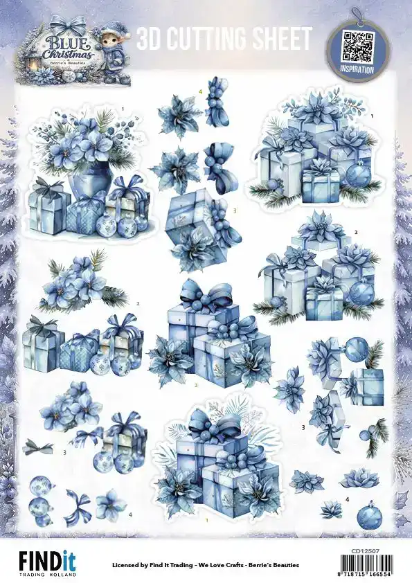 3D Cutting Sheet Berries Beauties Blue Christmas Blue Candles and White Poinsettia/ Christmas Presen