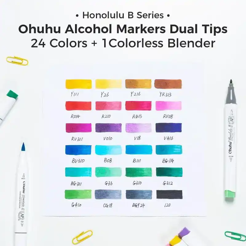 Ohuhu Honolulu B24 Basic Colors Alcohol Markers Dual Tip Set