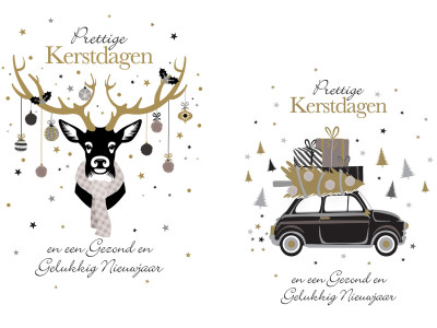 Luxe kerstkaart pompons Rendier/Auto zwart/goud